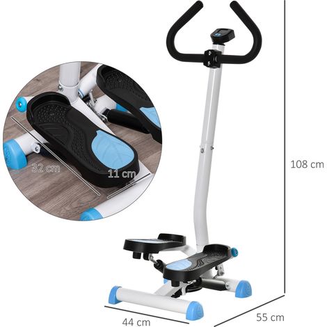 Stepper avec guidon, pédales antidérapantes et écran LCD, en acier et ABS, 55x44x108cm, disponible en blanc, noir et blanc. (1/5)