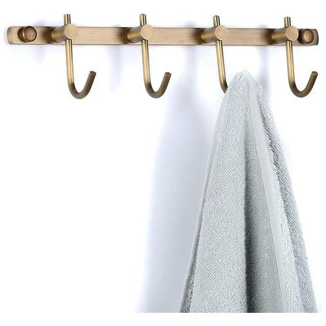 Handtuchhakenhalter aus Messing, Wandhakenhalter aus gebürstetem Messing, antike Messing-Reihenhaken mit 4 rustikalen Wandhaken (1/5)