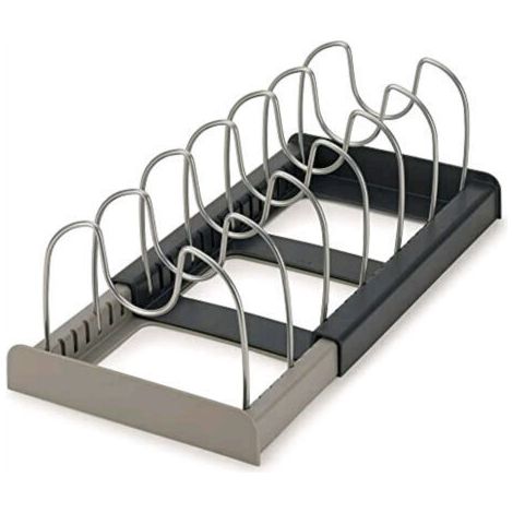 Organisateur de matériel de cuisine extensible à tiroir, en plastique, support de rangement de cuisine, égouttoir de rangement pour assiettes et poêles (1/5)