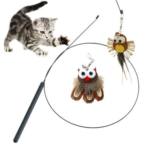 [JAMAIS UTILISÉ] Baton de jeu pour chat avec hibou et oiseau en ficelle (1/4)