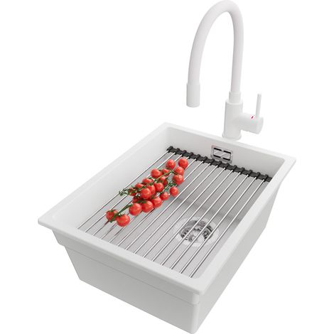 PRIMAGRAN Evier Cuisine en Granit 36x47cm, Lavabo 1 bac + Robinet 38x14cm + Kit de Vidage + Accessoire, Évier à Encastrer au meuble 40cm - Prague Slim, Blanc (1/5)