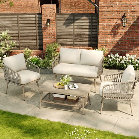 4 Seater Garden Set with Plastic Wood Storage Coffee Table, Polyester Rope Outdoor Set with Sofa and Armchairs, Weatherproof Outdoor Patio Sofa for Balcony and Terrace, Linen, Beige