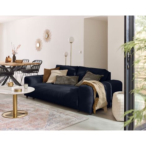 Lisa Design – Canapé droit 3 places en velours côtelé bleu nuit – Assise large et profonde – Coussins déhoussables – Structure en bois massif