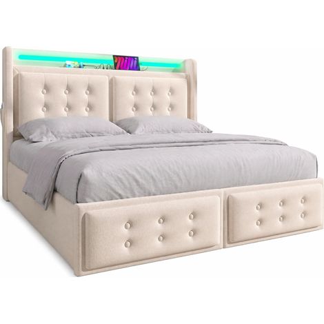 Lit coffre 160x200 avec tête de lit LED, prises, ports USB et USB-C, sommier relevable avec rangement, tissu coton-lin beige, sans matelas CHICFURN (1/5)
