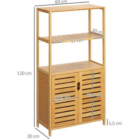 Meuble salle de bain en bambou naturel, commode avec portes à lamelles, étagère de rangement pour salle d'eau, bois écologique, 2 compartiments. (1/5)