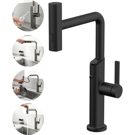Robinet Cuisine 3 Voies avec Douchette Extractible, 4 Modes, Noir (1/5)
