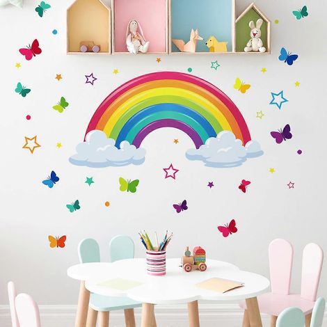 Sticker mural enfant motif papillon arc-en-ciel, autocollant mural repositionnable, 1 pièce - 30 x 60 cm (1/4)