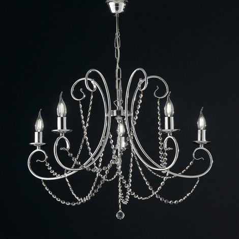 Araña de cinco luces de hierro cromado con pedrería 68x h55 cm
