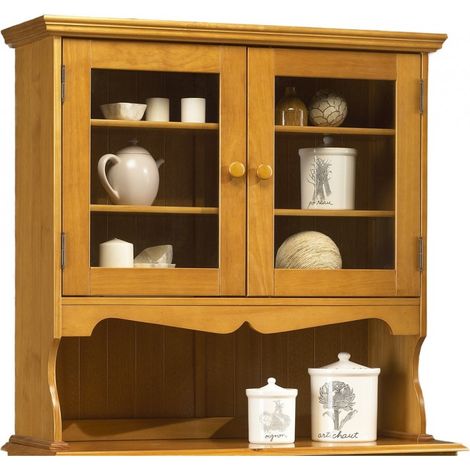 Beaux Meubles Pas Chers – Vaisselier en pin massif miel 98 cm – 4 niches avec tablettes réglables – Style anglais – Structure panneautée durable (1/3)