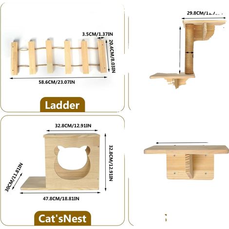Étagère à chat, en bois de pin massif, design gain de place, 1 × Lit pour chat(pfe) (1/2)