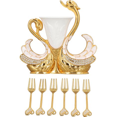 Elegantes, multifunktionales Besteckset mit Schwanenfuß und 6 Gabeln für Obstsalate, Kaffee und Desserts in Gold und Weiß.