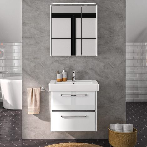 Badezimmer-Waschplatz FES-3050-66 mit Spiegelschrank und Keramikbecken in Hochglanz weiß - B/H/T: 66/200/45cm (1/5)