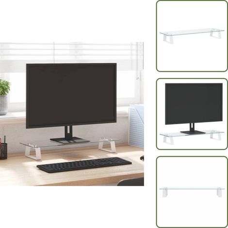 Support de moniteur blanc 60x20x8 cm verre trempé et métal - Support Ordinateur - Support Écran - Support Moniteur - Ergonomie Bureau - Organisation Bureau (1/5)