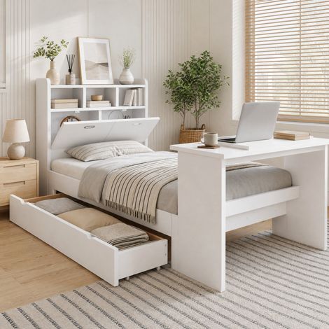 Cama individual con almacenamiento (264x97x120 cm), mesa abatible, cajón reversible, madera, blanco (1/5)