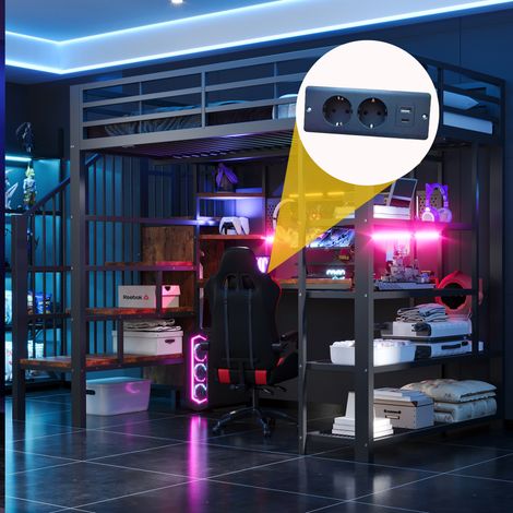 Lit superposé en métal 140x200 cm avec bureau longue panneau perforé LED prises, Lit Mezzanine avec multi-niveaux barrière haute , noir sans matelas (1/5)
