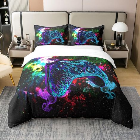 Jeux 100% Coton Housse de Couette 200x200cm Noir Gamepad Parure de lit Enfants Garçons Filles Jeux électroniques Contrôleur Console Tie - Dye - 200 x 200 cm + 2 taies d'oreiller 65 x 65 cm (1/5)