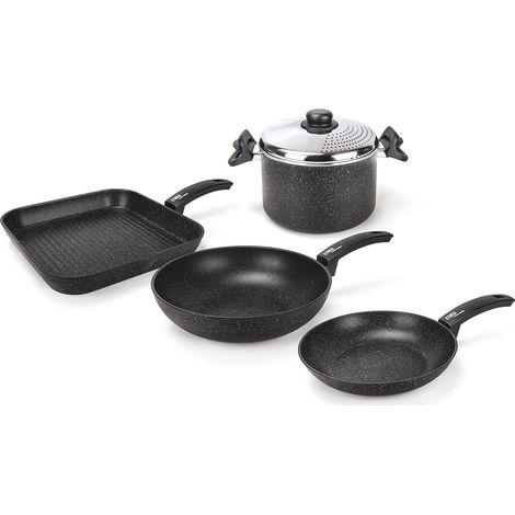 Moneta Etnea Batteria Smart Set da 5 Pezzi, Padella 24 cm, Wok 28 cm, Bistecchiera 28 x 28 cm, Pastaiola 22 cm con Coperchio (1/5)