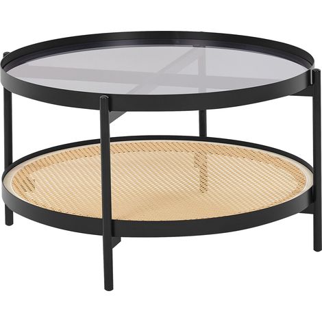 Tavolino con piano in vetro struttura rotonda in metallo 1 ripiano intreccio viennese legno chiaro Reno