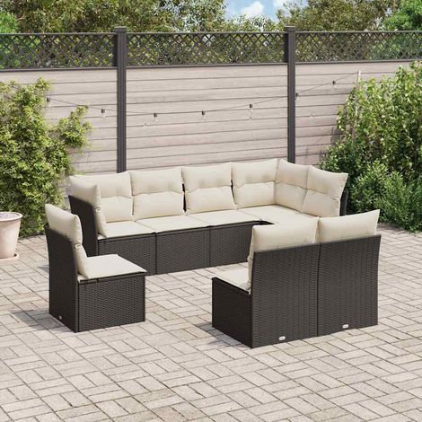 Ensemble Salon Jardin 8 Places Résine Tressée Noir avec Coussins Crème - Meuble Extérieur Modulaire (1/3)