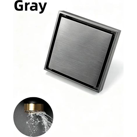 (Grey)Brushed Nickel 10X10cm Square Shower Drain Tile Insert Anti Odor Brass Floor Drain Kit with Removable Grate Cover Hair Strainer (1/4)