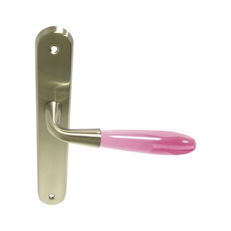 Ouvre&Déco – Poignée de porte arc-en-ciel translucide rose – Aluminium nickel mat – Entraxe 195 mm – Béquille réversible droite-gauche