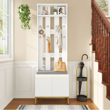 Vestiaire d'entrée blanc avec banc rembourré, meuble à chaussures 2 portes, 8 patères doubles, LED intégrée et étagère réglable – CHICFURN pour couloir (1/5)