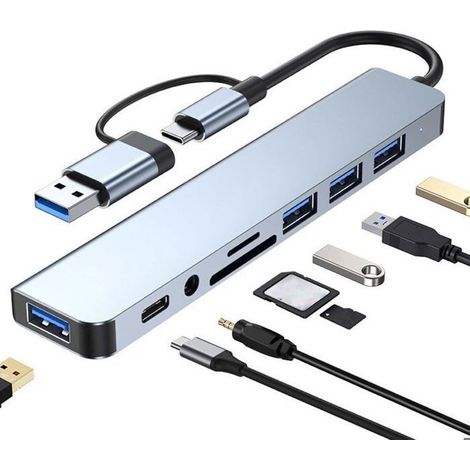 8-in-1 USB-C-Hub, USB-C-Adapter mit 4 USB-Anschlüssen, SD/TF-Kartenleser, 3,5-mm-Kopfhöreranschluss, USB-C-Datenanschluss (1/5)