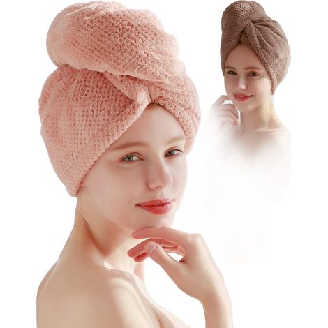 Lingettes pour cheveux secs en microfibre, paquet de 2, absorbantes, avec boutons, pour femmes (1/3)