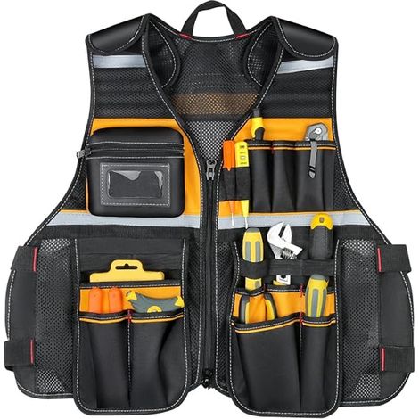 Chaleco de trabajo multibolsillos de tela Oxford sólida, chaleco reflectante, chaleco para herramientas para electricistas, carpinteros, trabajadores, 62 x 60 x 3 cm, amarillo/negro (1/5)