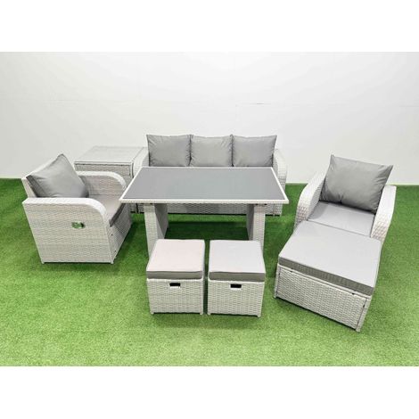 Fimous Outdoor Rattan Garden Furniture Dining Set 8-seater Patio Rectangular Table 3 Seater Sofa Reclining Chair Set with Side Table 3 Stools (1/4)