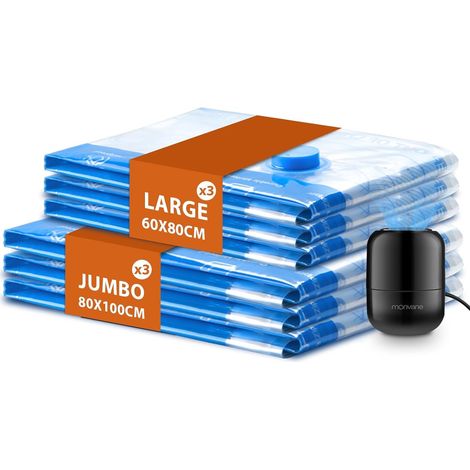 Pompe Électrique et Sac Sous Vide Vêtements Aspirateur Lot de 6 3XL 80x100cm 3L 60x80cm, Housse de Rangement Sous Vide pour Couettes Matelas Oreillers Literie (1/5)