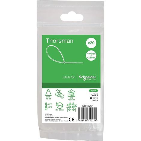 Collier serre-cable translucide 100x2.5mm (blister de 20) pour fixation de fils et cables Ø 20mm max PA6.6 anti-UV Thorsman (1/2)