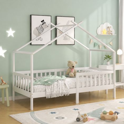 DESMIU Lit Cabane Lit Enfant 1 Place avec Barrières de Sécurité, 90 × 200 cm, Sans Matelas, Bois Massif Blanc (1/5)