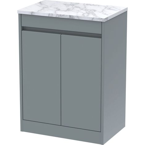 Chartley Contemporary Floor Standing 2 Door Vanity Unit with Carrera Marble Laminate Worktop, 600mm, Coastal Grey (1/4)