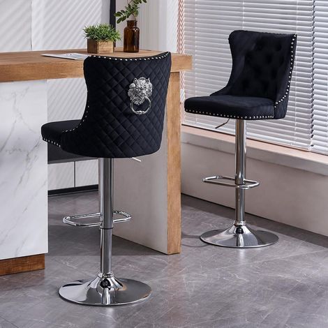 Samt Barhocker 2er Set, höhenverstellbar, mit Lehne und Löwenring, schwarz (1/5)