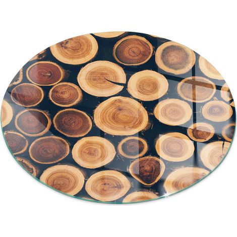 Plaque en verre trempé décorative de protection de sol sous cheminée Boîte en bois découpé Ronde fi 60 cm (1/5)