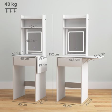Coiffeuse compacte blanche en MDF avec miroir LED et plateau rabattable (1/5)
