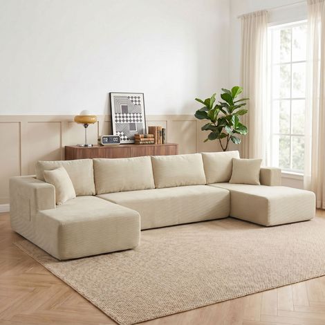 Canapé modulaire U compressé 337 cm convertible 4 places velours côtelé assise large crème. Canapé modulable pour votre salon, spacieux et confortable. (1/5)