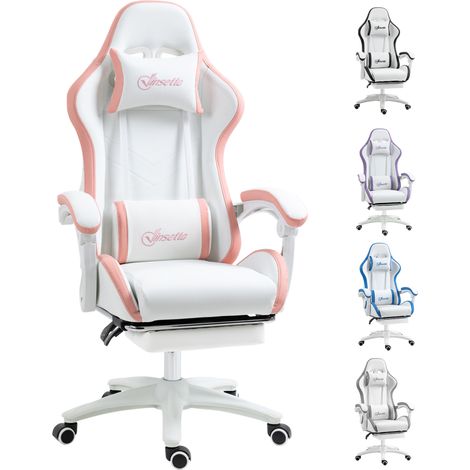 Vinsetto Computer Gaming Chair, PU Leather Office Desk Chair with Footrest, Swivel Wheels, 135° Reclining Back, Lumbar Support, Headrest for Home, White and Pink