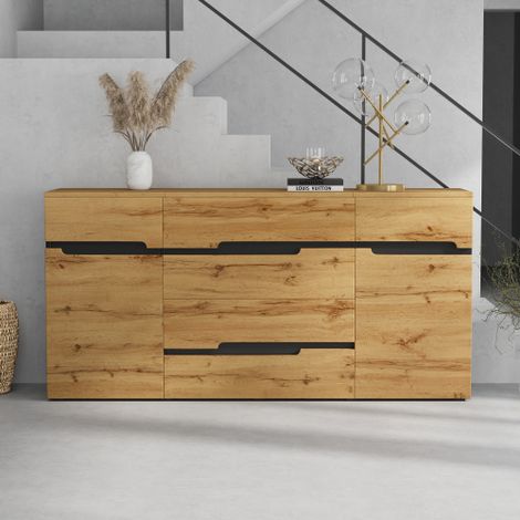 160x40x80cm Armoire de Salon, Sideboards Avec 2 Portes D'Armoire 4 Tiroir, Armoire De Salle À Manger, Casiers Larges Sans Poignées, Armoire D'Appoint De Canapé, Couleur Bois + Noir (1/5)