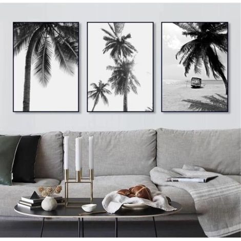 Lot de 3 posters - Palmiers - Noir et blanc - Paysage de plage - Photos murales sans cadre Décoration - 40x50cm (1/4)