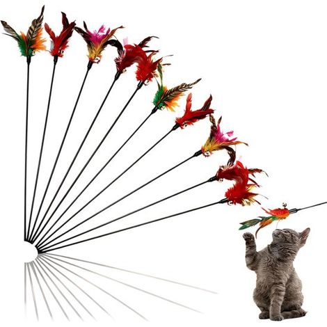 Lot de 10 cannes à pêche pour chats 40 cm avec plumes interchangeables, jouets interactifs pour stimuler l'instinct de chasse, pour chatons et chats adultes, multicolore (1/5)
