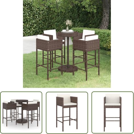 The Living Store Ensemble bar de jardin 5 pcs et coussins Résine tressée Marron - Ensemble Salon De Jardin - Mobilier De Jardin - Set De Bar Extérieur - Table Basse Extérieure - Chaises De Jardin (1/5)