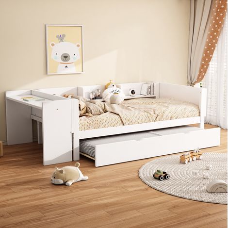 DESVIAE Lit enfant 90 x 200 cm avec lit gigogne bureau et trois étagères en pin et MDF blanc (1/5)