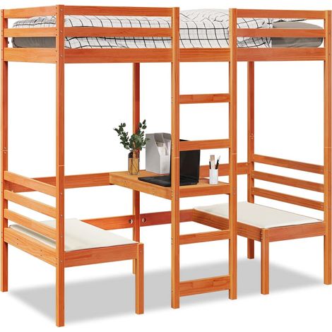 Cama alta escritorio y asientos madera maciza marrón 80x200 cm