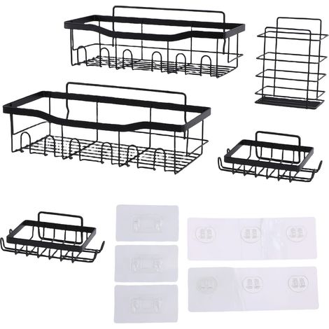 Étagère murale de douche en acier au carbone, fixation flottante, hauteur réglable, lot de 5, pour salle de bain et cuisine. (1/5)