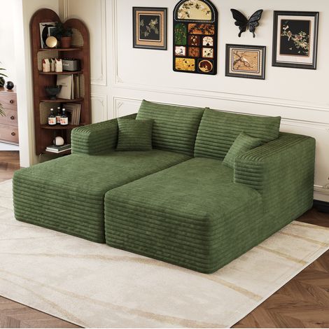 Divano letto modulare verde in tessuto a coste, senza montaggio, design minimalista per soggiorno e camera da letto (1/5)