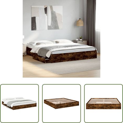 vidaXL Bois d'ingénierie - Cadre de lit avec tiroirs sans matelas chêne fumé 200x200 cm (1/5)