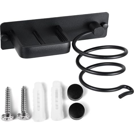 CSPARKV (Negro) Soporte para secador de pelo, de aluminio, con gestión de cables, organizador de pared para planchas de pelo y cepillos, para baño, dormitorio, hotel, peluquería. (1/4)