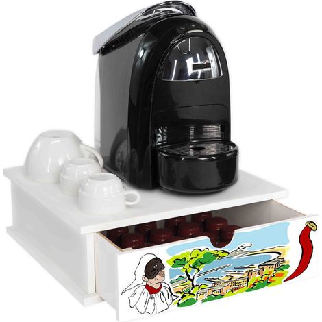 Lupia - Contenitore Porta Capsule e Cialde caffè Cassetto ORGANIZER White NAPOLI CARTOON 33x33 cm in legno per casa, cucina, angolo bar ufficio (1/4)